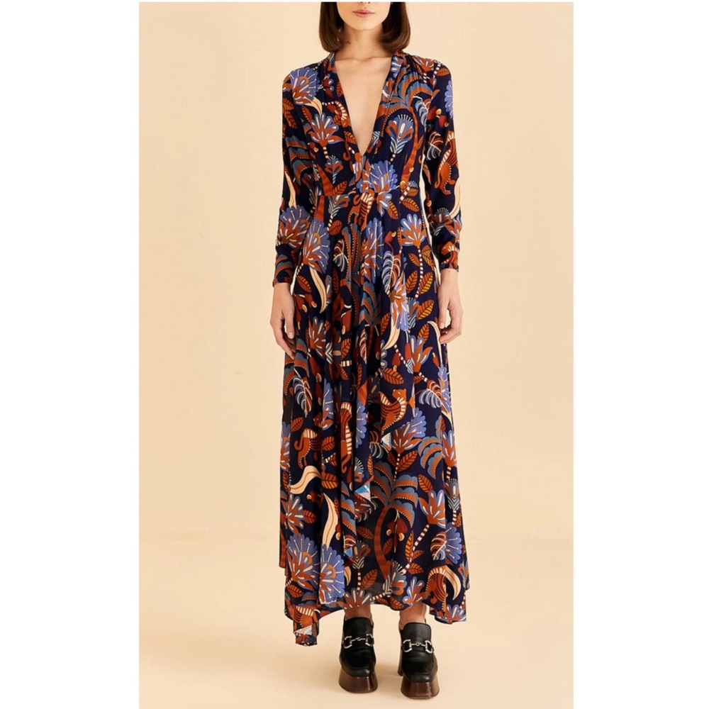 Farm Rio Nature Beauty Blue Long Sleeve V Neckline Maxi Dress XXS